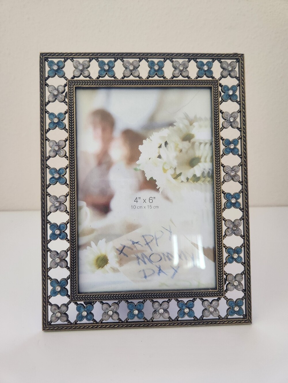 Floral Rhinestone 4x6 Picture Frame Blue White Enamel Metal Cottagecore Decor